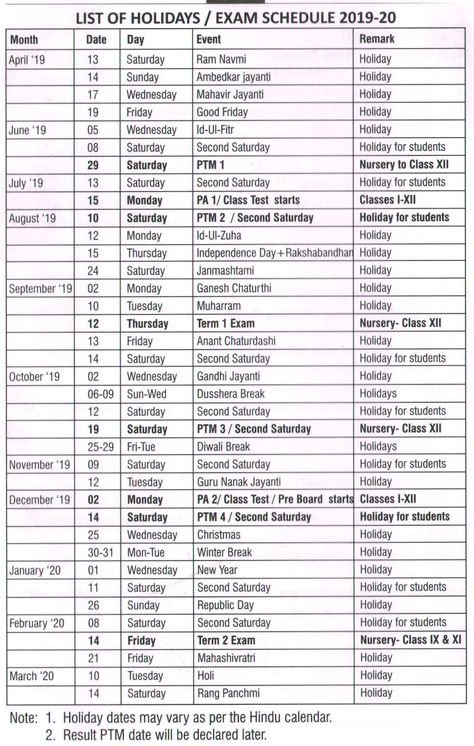 Sanmati Higher Secondary School 2019 2021 academic calendar smc