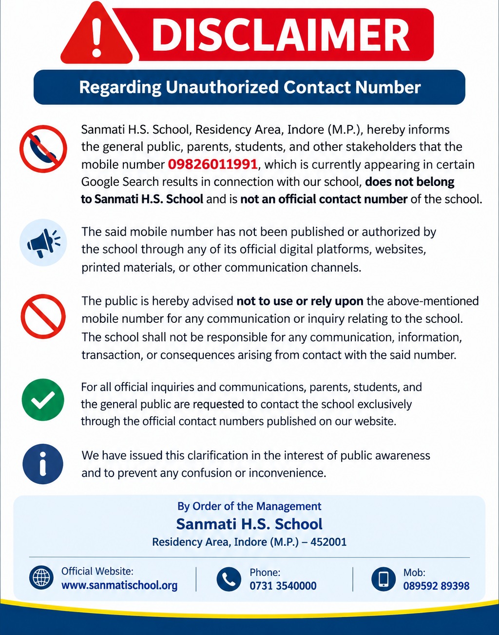 Disclaimer – Regarding Unauthorized Contact Number, Sanmati H.S. School Indore